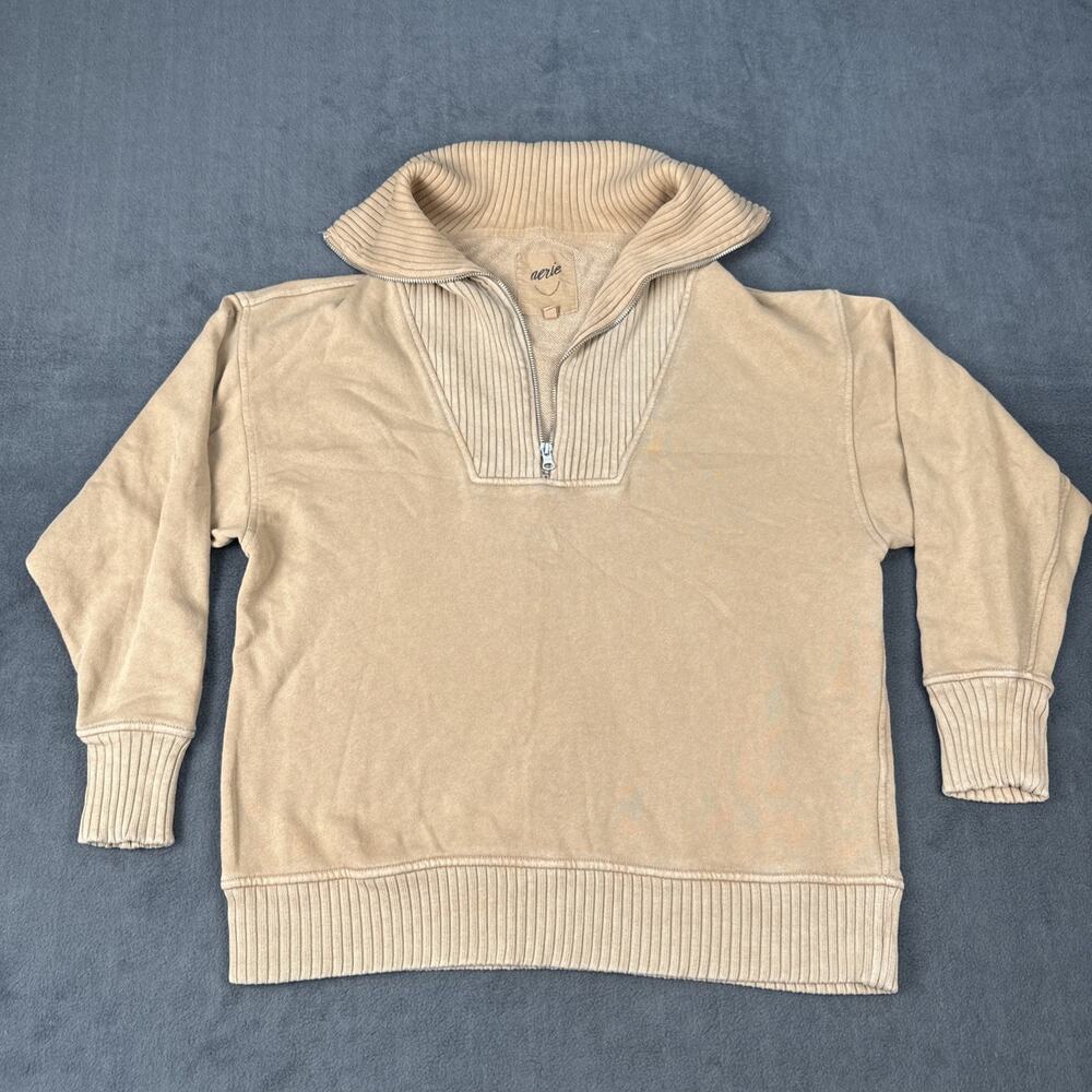 Aerie half zip pullover sweatshirt women XS Brown rib collar cozy fleece